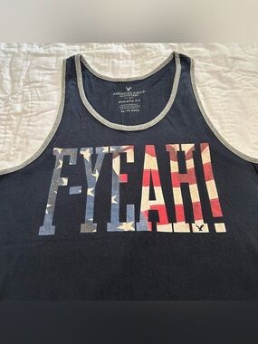 American Eagle Tank Top F-Yeah 4th Of July Mens XS Blue American Flag Patriotic